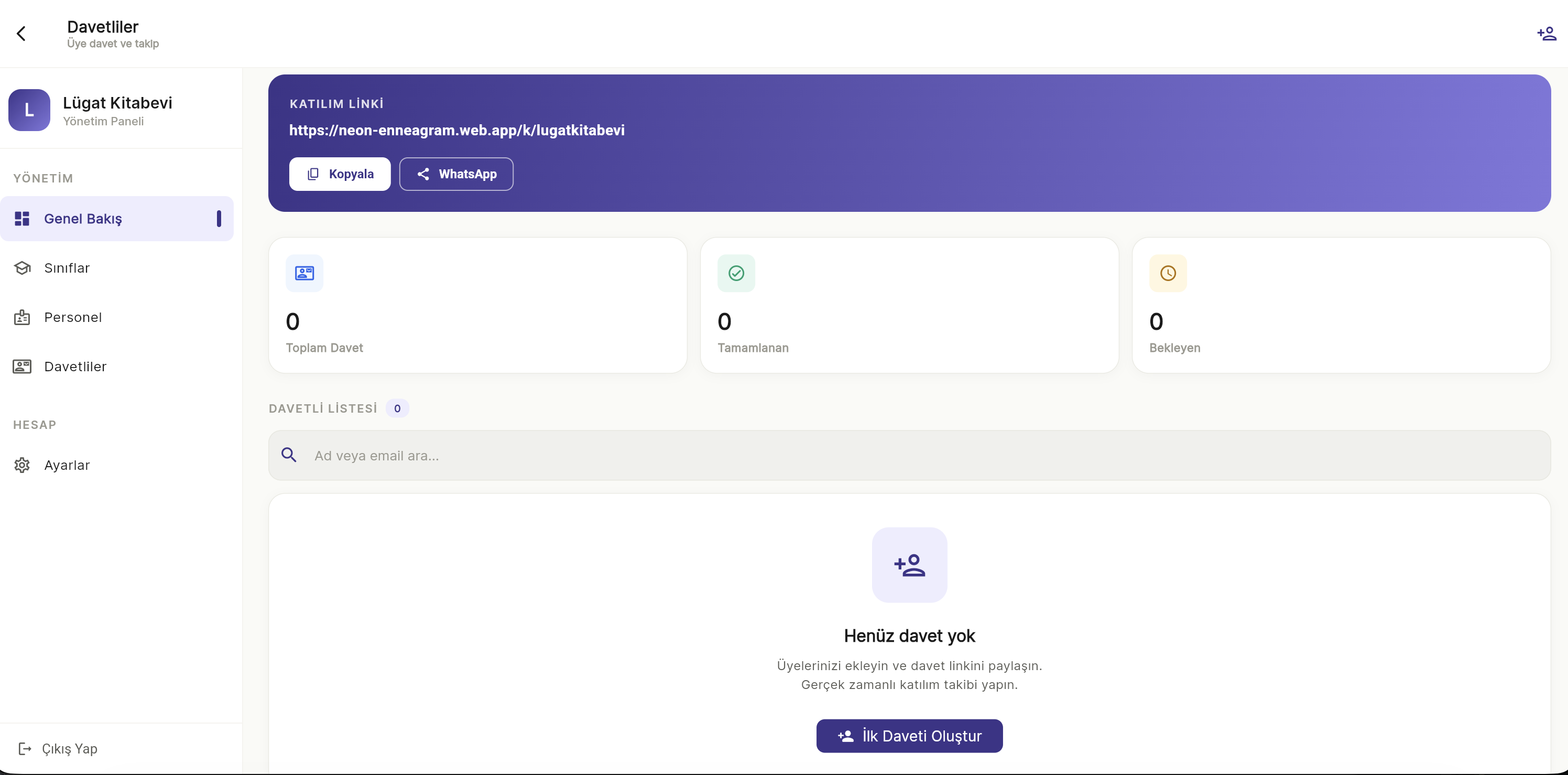 Davet yönetimi — kişiye özel linkler, tamamlanma takibi, WhatsApp/e-posta paylaşımı.